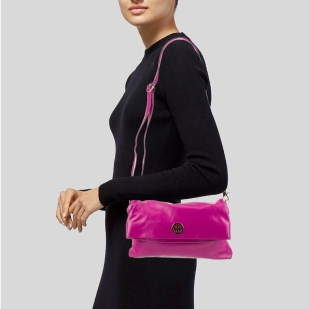 Tory Burch Dina Purse Leather Crossbody Bag Fold Over Convertible Pink Gold